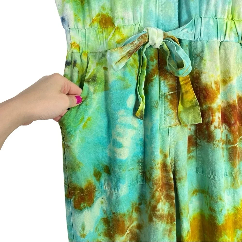 Handmade Tie Dye Jumpsuit Womens Size 8 Linen Jumper Pants Straight Leg Romper - Picture 7 of 14
